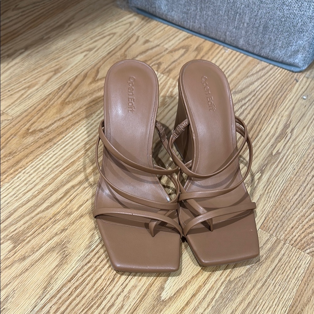Open Edit- Brown Wedge Sandals with Strappy Design